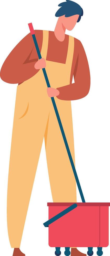 Professional cleaning service worker wearing uniform mopping the floor with a bucket and a mop, cleaning company services, housekeeping job vector