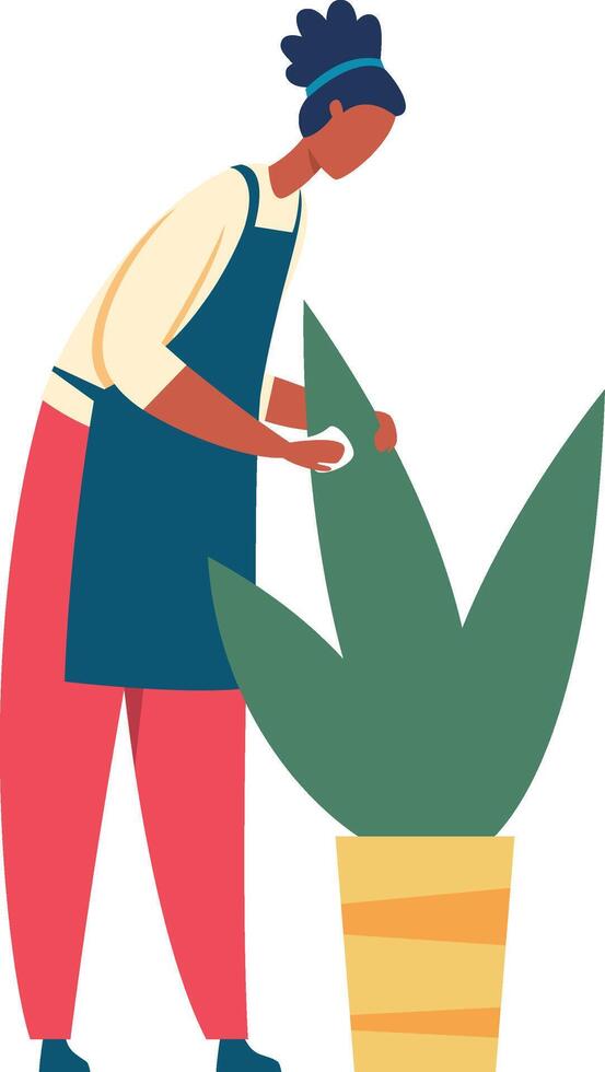 Young florist cleaning a large plant leaf with a white cloth, taking care of plants in a flower shop, gardening and cleaning service concept vector