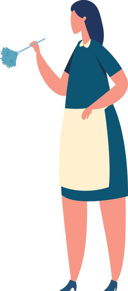 Cleaning lady wearing uniform and apron holding feather duster cleaning house, maid dusting furniture, housekeeping, hygiene and cleanliness concept vector