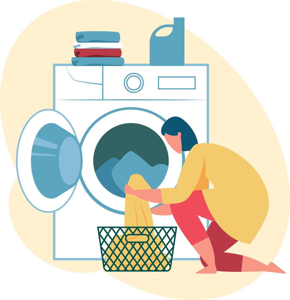 Housewife is taking clean clothes out of washing machine, putting laundry into basket, using liquid detergent, doing housework and household chores vector