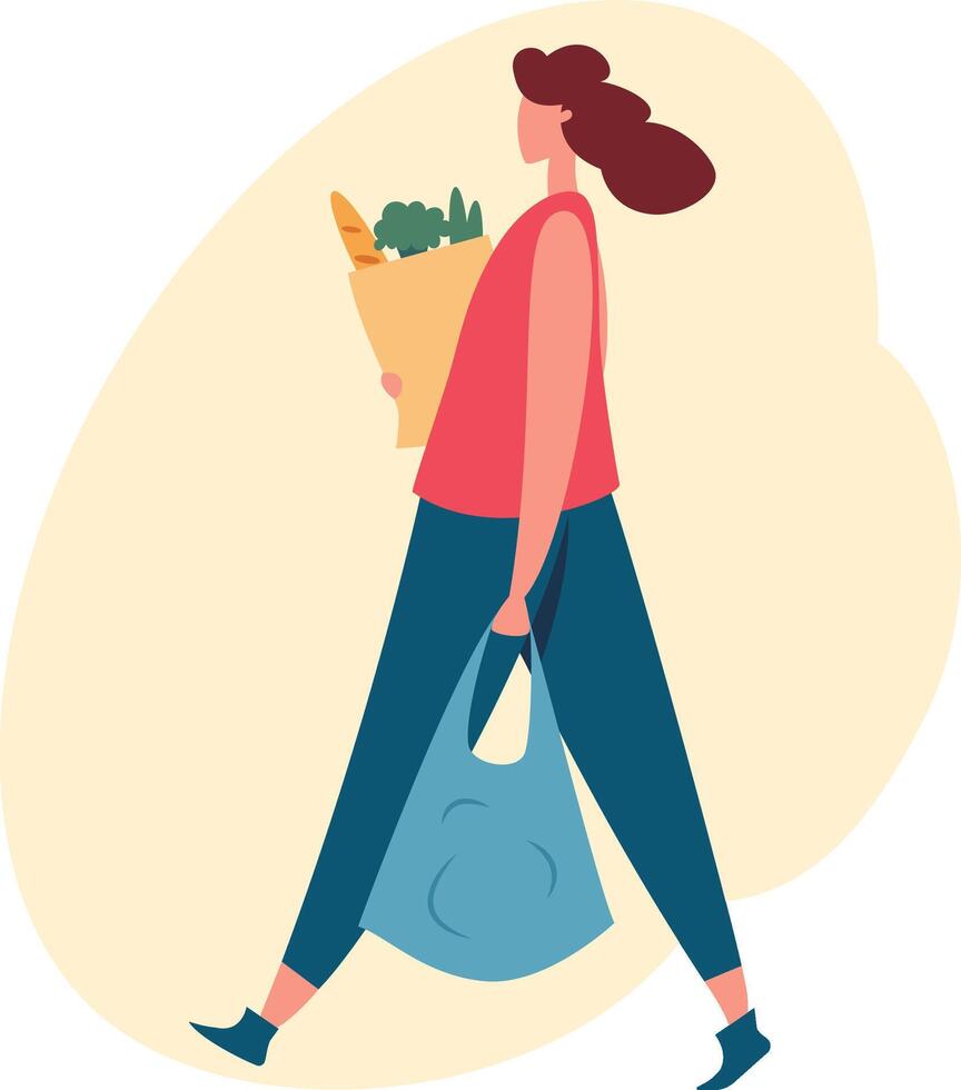 Happy customer is walking home after shopping for groceries at the local market, carrying fresh vegetables and bread in a paper bag and a reusable shopping bag vector