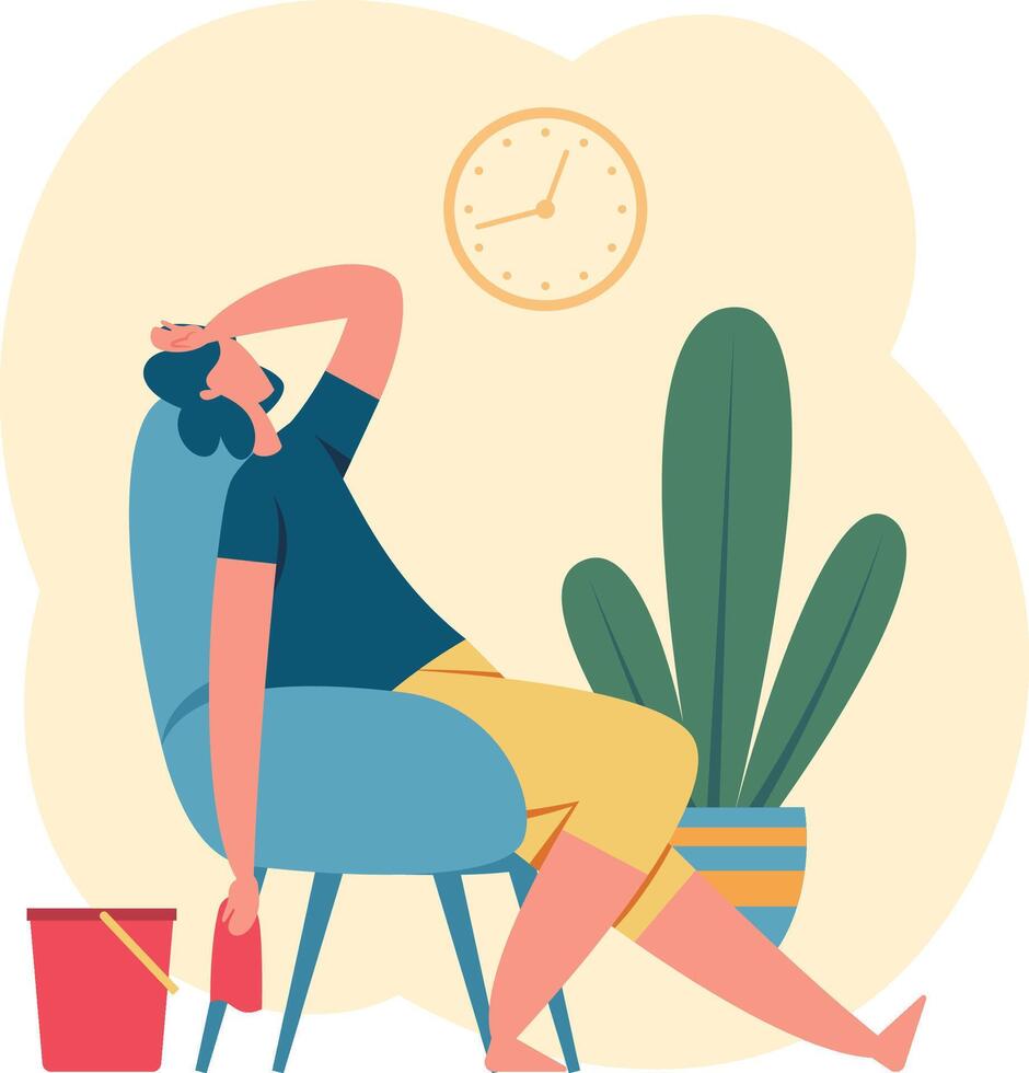 Tired young woman sitting on chair with cleaning cloth and bucket, taking break from housework, feeling exhausted and overwhelmed by domestic chores vector