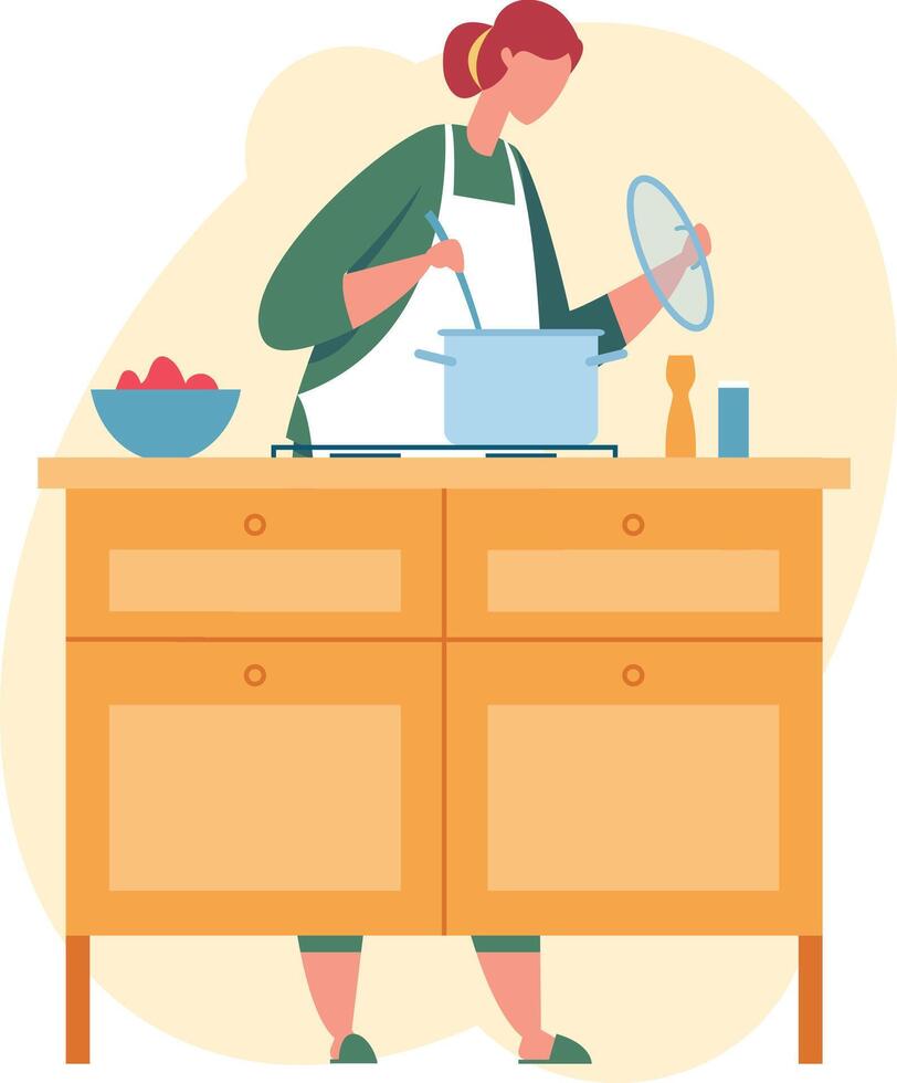 Housewife wearing an apron, cooking dinner while preparing food in a pot on the stove. Using a spoon and lid, creating a healthy homemade meal in a cozy kitchen vector
