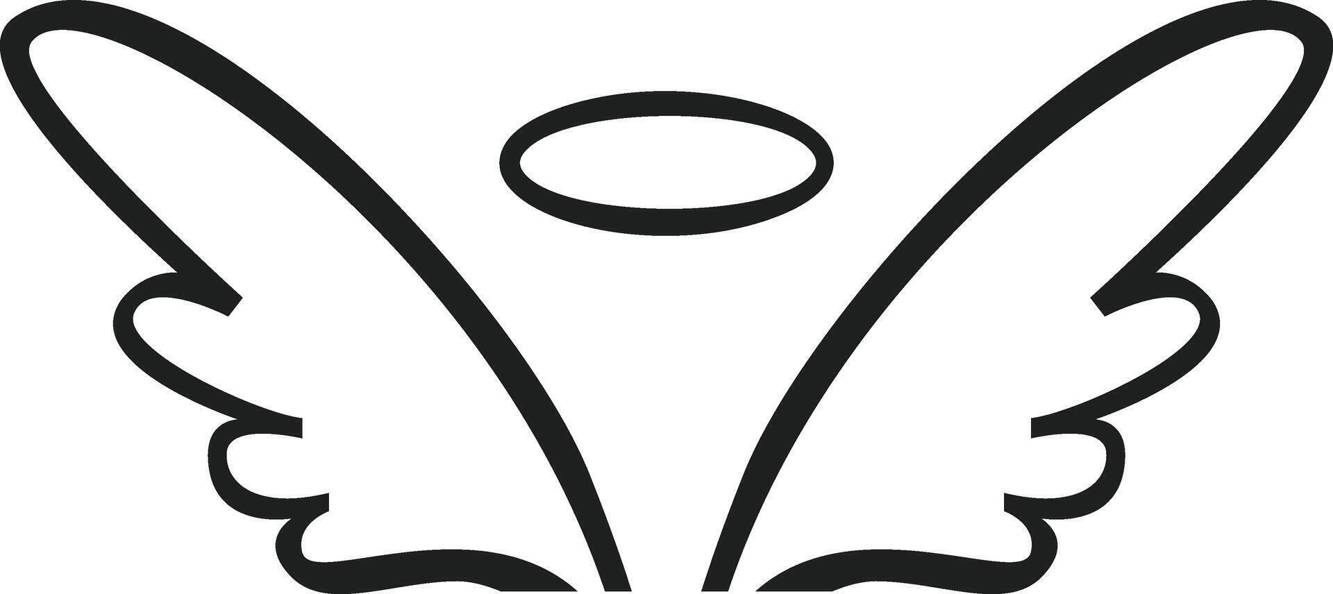 Simple black line drawing of angel wings and halo symbolizing innocence, spirituality, and divine presence, conveying a sense of peace and protection vector
