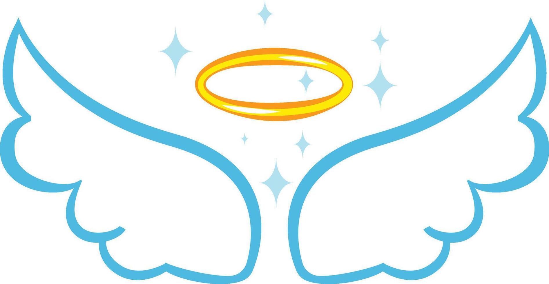 Cartoon style blue angel wings and golden halo with sparkling stars evoke feelings of purity, innocence, and divine presence, perfect for religious or spiritual designs vector