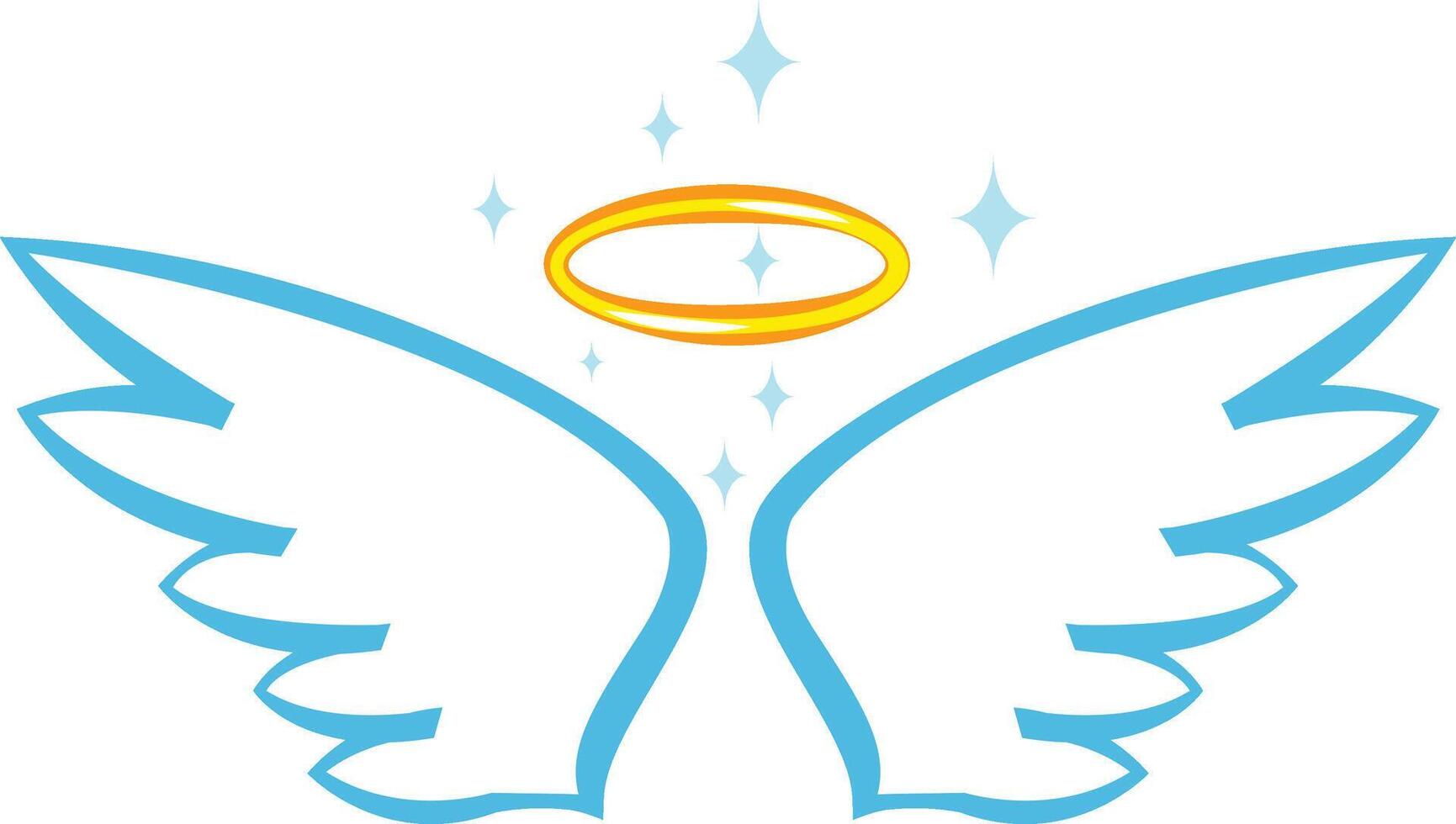 Cartoon drawing featuring angel wings and a halo, shining brightly with stars, embodying themes of purity, spirituality, and divine presence in a magical, ethereal style vector