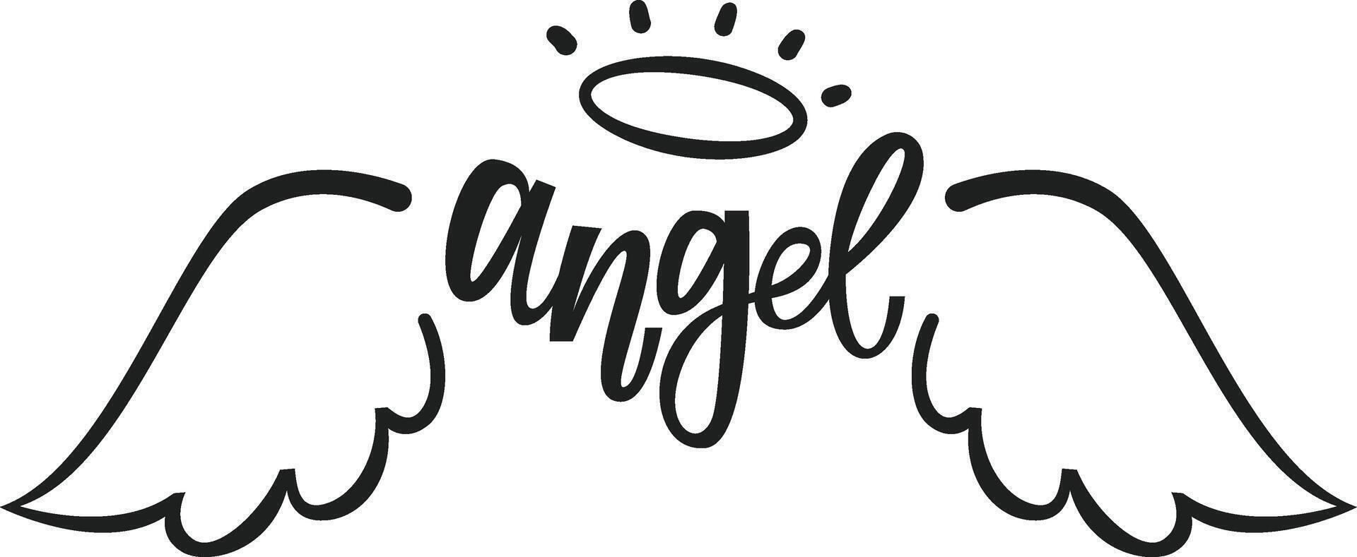 Hand drawn angel wings and halo, accompanied by the elegantly floating word angel, symbolize spiritual beings and divine messengers, embodying purity, love, and hope vector