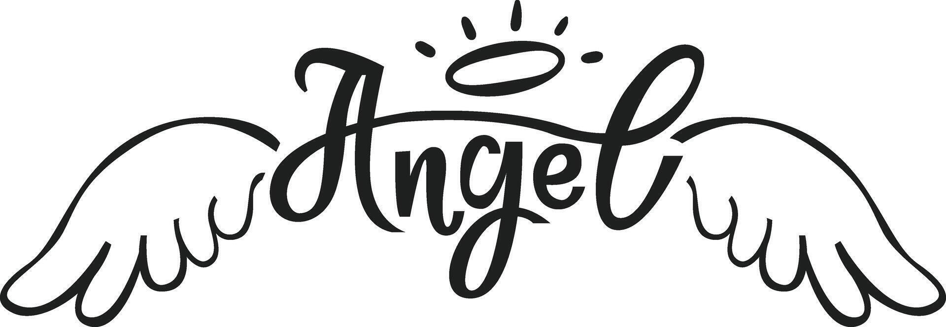 Hand drawn angel wings and a halo soaring gracefully above the elegantly scripted word Angel create a harmonious design, symbolizing spirituality, faith, and hope vector