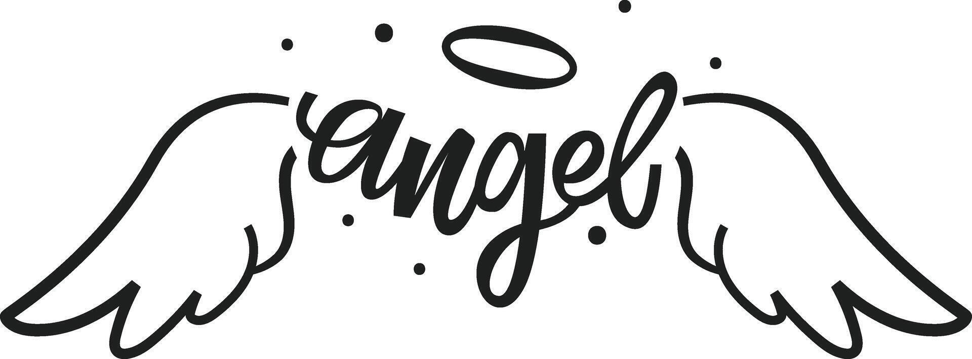 Hand drawn angel wings and halo soaring gracefully alongside handwritten lettering spelling angel, creating a simple yet elegant design that evokes a sense of spirituality and hope vector