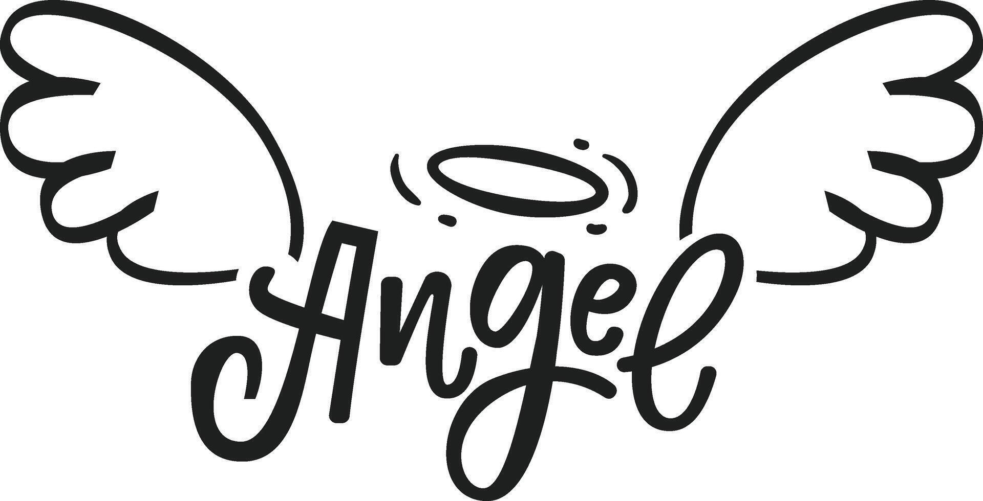 Hand drawn angel wings and a halo gracefully hovering above stylish cursive lettering spelling angel, creating a captivating and symbolic design reflecting spirituality and hope vector