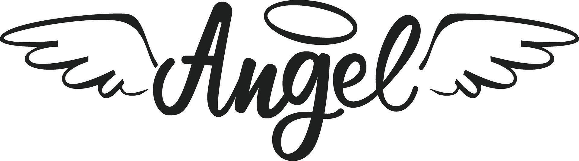 Handwritten lettering forming the word angel, adorned with delicate wings and a halo, embodying themes of spirituality, purity, and a divine presence in a serene design vector