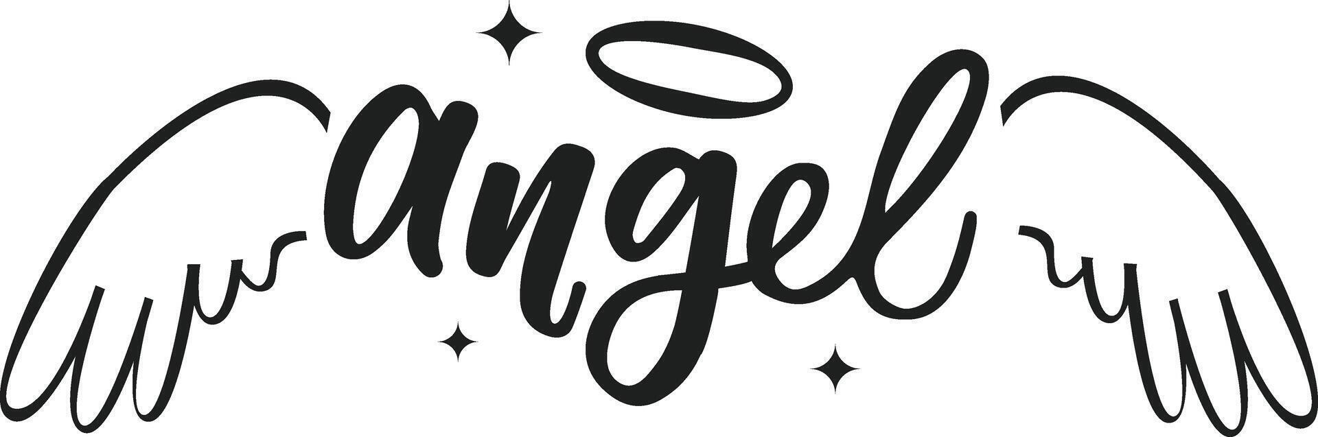 Stylish black lettering spelling the word angel featuring angel wings and halo with sparkling stars, ideal for religious or spiritual designs vector