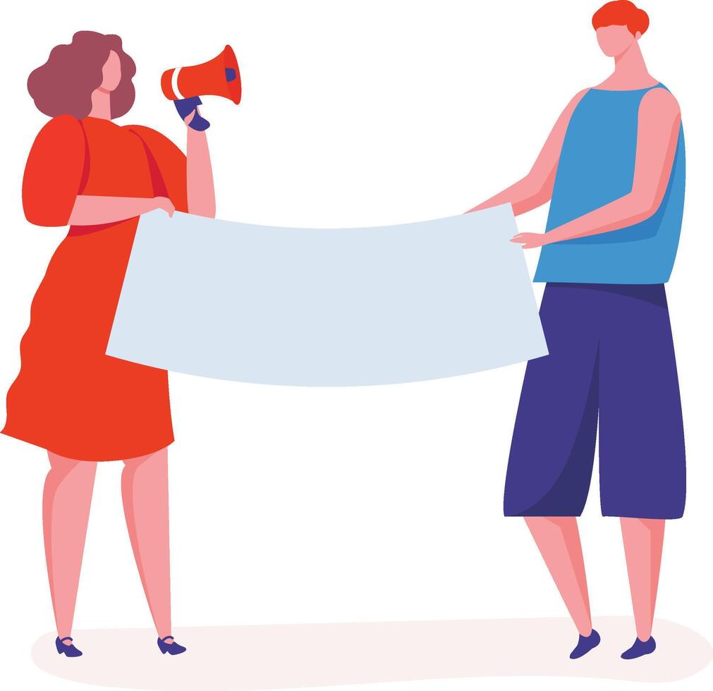 Two young activists holding a blank banner and shouting in megaphone to announce important information about human rights, social issues and rallies vector