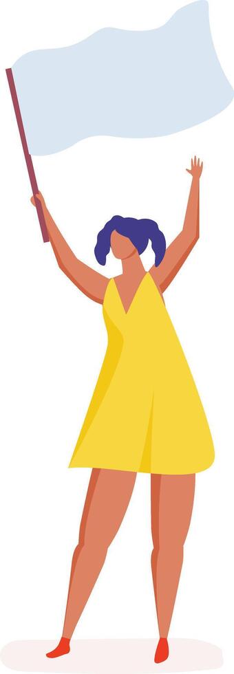 Young woman waving a white flag is celebrating victory or surrendering, asking for a truce during a protest or competition, isolated on white background vector
