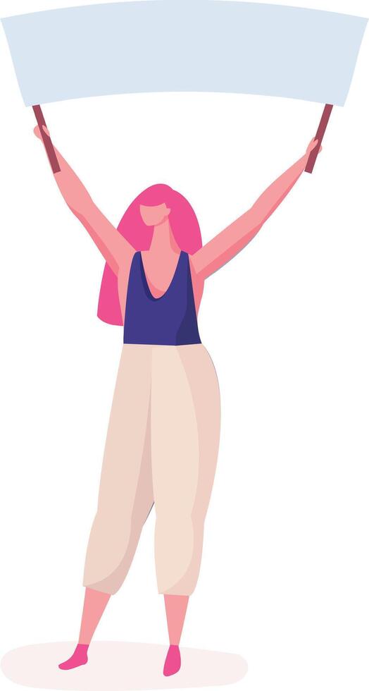 Pink haired female activist raising a blank banner during a demonstration or protest for equal rights and social justice, fighting for freedom and making her voice heard vector
