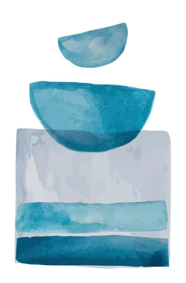 Watercolor painting featuring abstract shapes in shades of blue and grey, creating a balanced and harmonious composition, perfect for minimalist and modern interior design projects vector