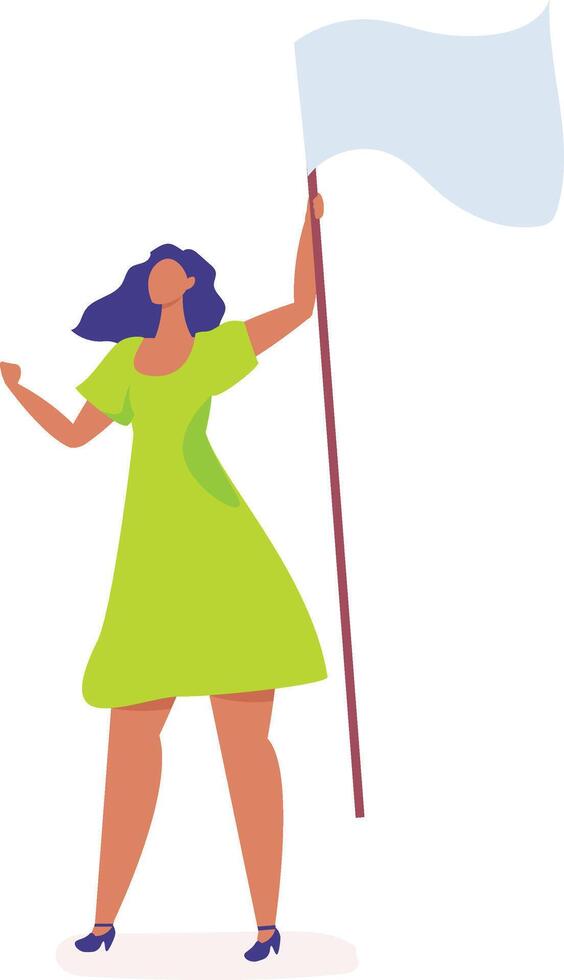 Young woman holding blank flag is claiming her rights during demonstration, activist is fighting for human rights, freedom of speech and equality, illustration vector