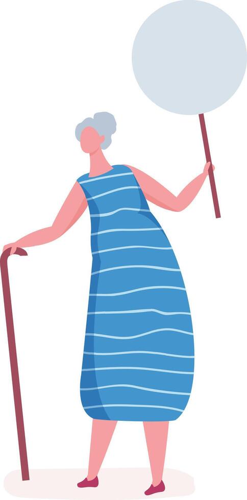 Elderly woman holding a walking stick and a blank placard protesting for her rights, fighting for social causes, asking for help or demonstrating against something vector