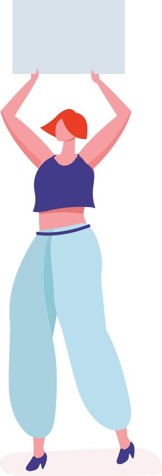 Feminist activist holding blank banner protesting for human rights, women's rights and equality, standing for freedom of speech and fighting for changes in society vector
