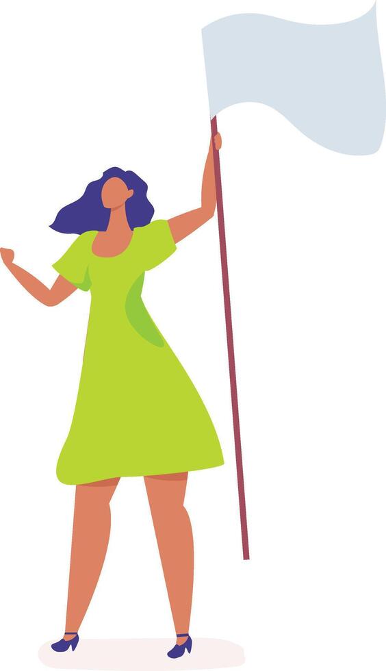 Young woman holding blank white flag is leading protest, fighting for human rights and equality, demonstrating for freedom and justice, expressing her beliefs and values vector