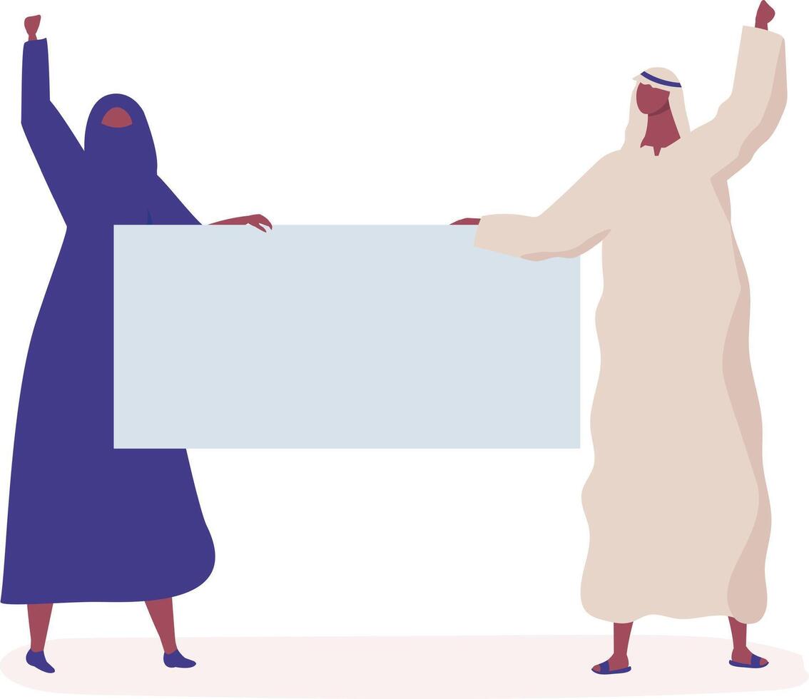 Two muslim activists, a woman wearing a hijab and a man in traditional clothing, are holding a blank banner and raising their fists in a powerful demonstration of protest or support vector