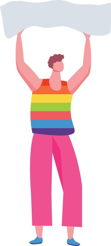 Young man wearing rainbow striped t shirt and pink pants holding blank banner supporting LGBTQ plus community at pride parade promoting equal rights and diversity vector