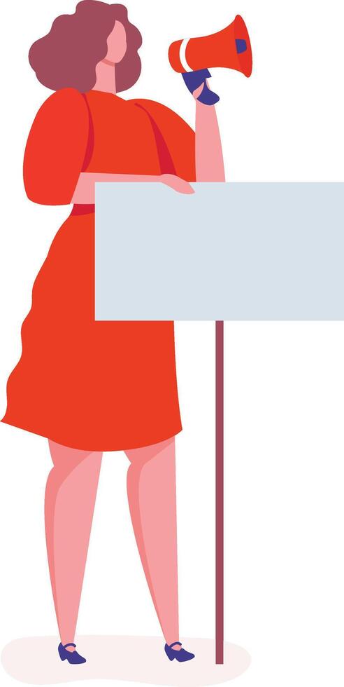 Woman holding blank banner and shouting on megaphone promoting her ideas during manifestation, fighting for equal rights and supporting feminism movement vector