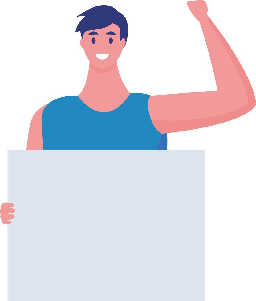 Smiling young athlete holding a blank placard while raising a fist in a powerful protest or demonstration advocating for equal rights and freedom of speech vector