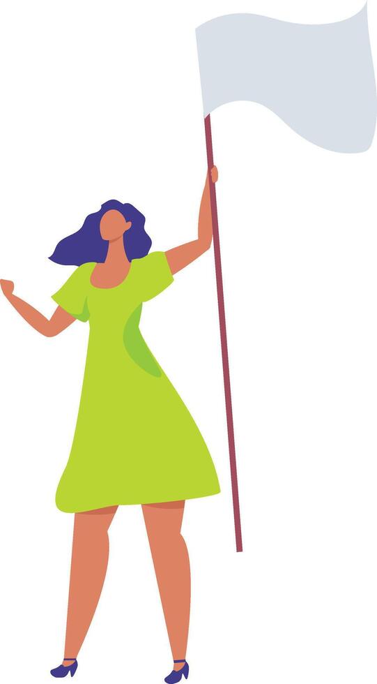 Young female activist waving a white flag during a political protest or demonstration for peace, human rights, or social justice, expressing surrender, truce, or defeat vector