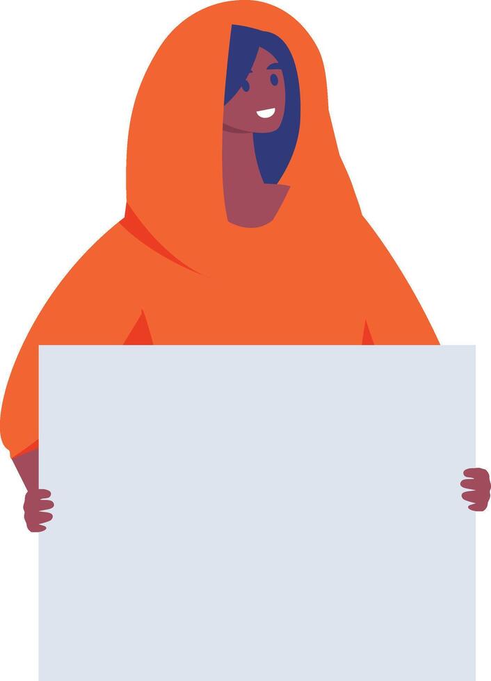 Smiling activist holding a blank placard, preparing for a demonstration advocating for equal rights and social justice, radiates confidence and determination in a vibrant orange hoodie vector