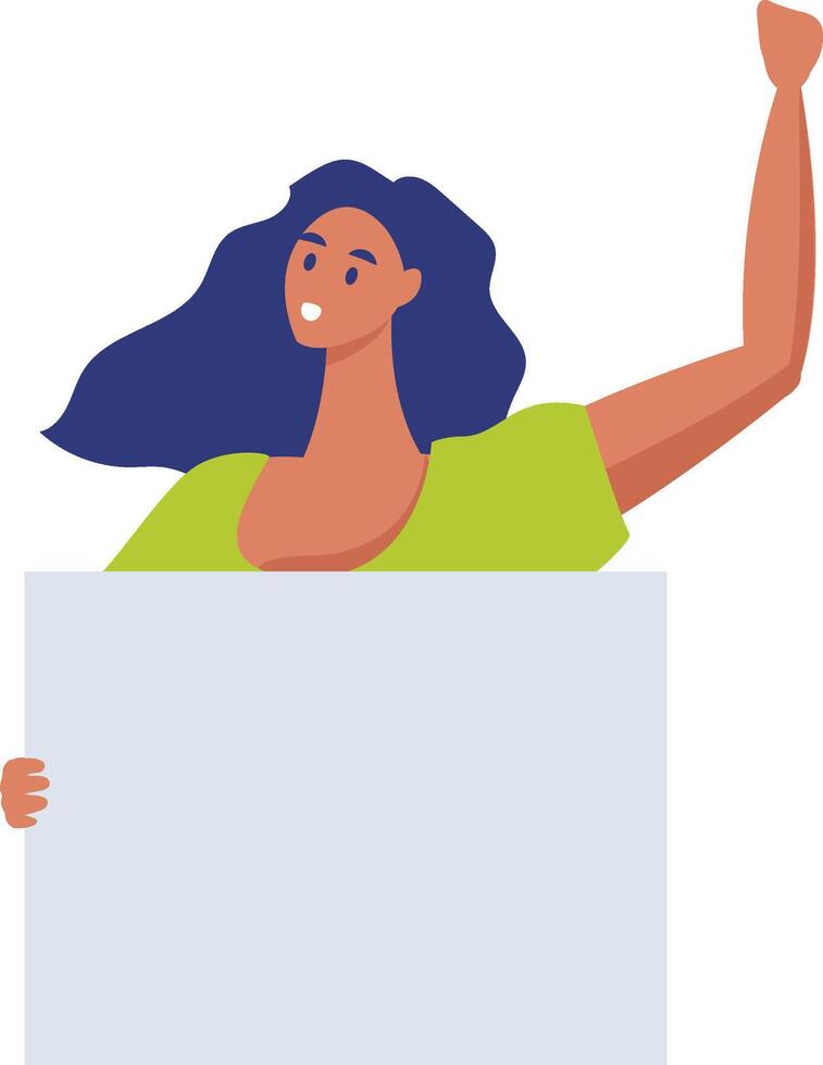 Enthusiastic young woman holding blank banner and raising fist in protest, expressing her disagreement and fighting for human rights and social justice vector