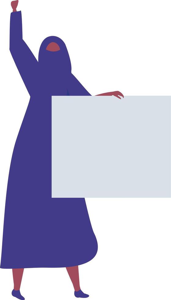 Muslim woman in a purple abaya and hijab, holding a blank placard and raising her fist, passionately protesting for rights, freedom, and equality in a powerful demonstration vector