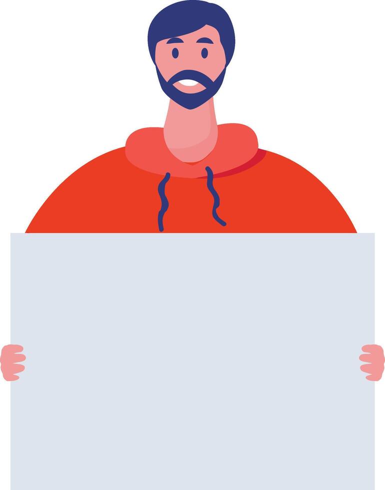 Bearded man wearing a vibrant red hoodie, holding a blank placard with ample copy space, perfect for various advertising campaigns and announcements or for expressing opinions vector
