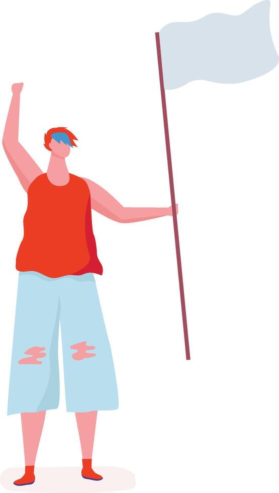 Young activist with raised fist holding white flag, participating in demonstration for peace and human rights, expressing their beliefs and fighting for social justice vector