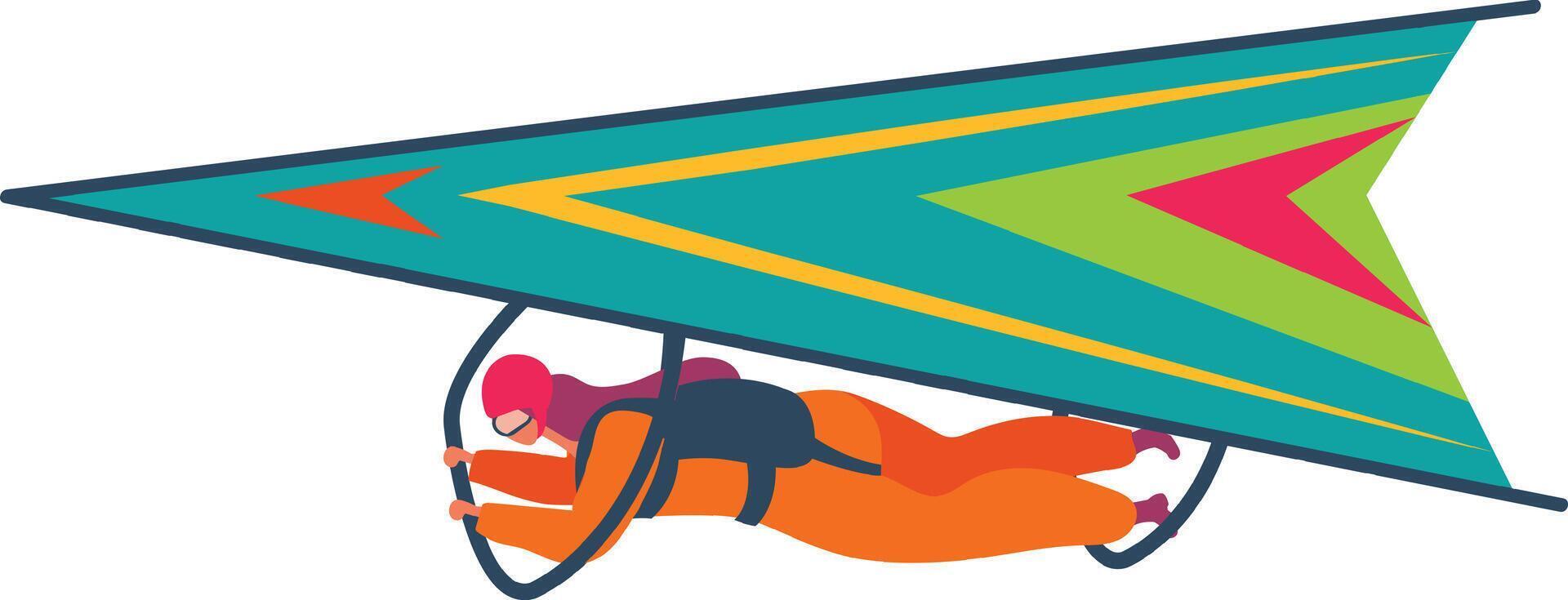 Hang glider pilot soaring through the sky, skillfully controlling the glider with hands, dressed in a vibrant orange suit and helmet, embracing the thrill of extreme sports vector