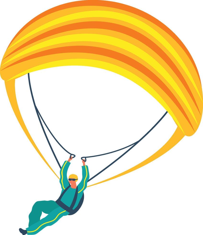 Skydiver wearing sunglasses and protective suit flying with yellow and orange parachute gliding through the air on a sunny day enjoying extreme sport activity vector