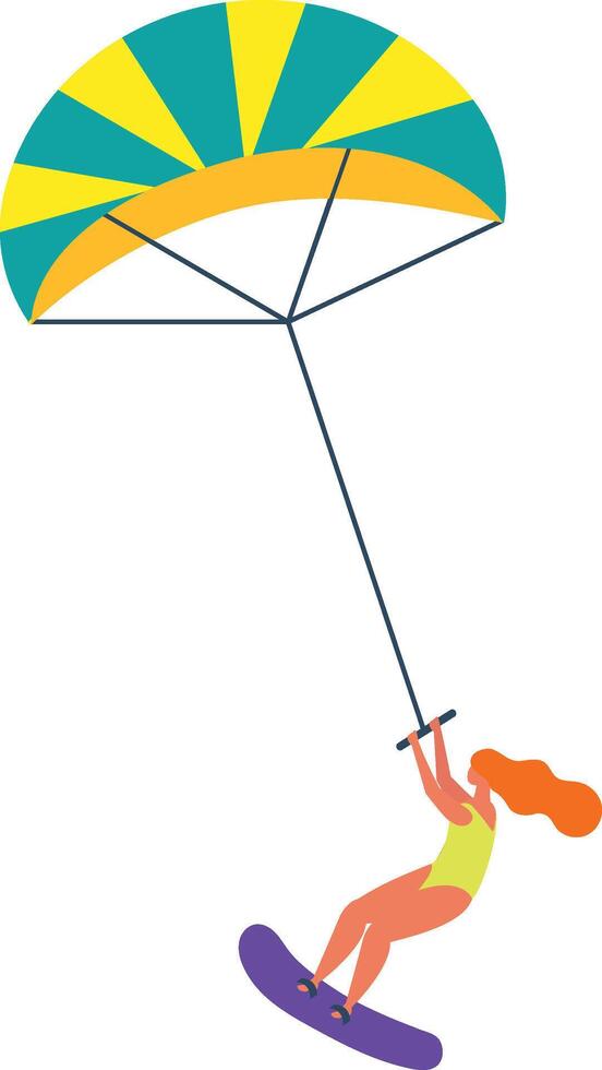 Kitesurfer holding bar and riding kiteboard, enjoying summer water sport activity, active lifestyle and hobby concept, colorful illustration on white background vector