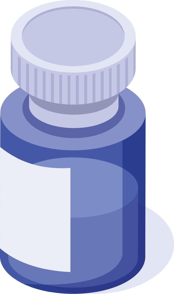 Isometric view of a blue plastic medicine bottle with blank white label and white screw cap, ideal for pharmaceutical or healthcare concepts vector