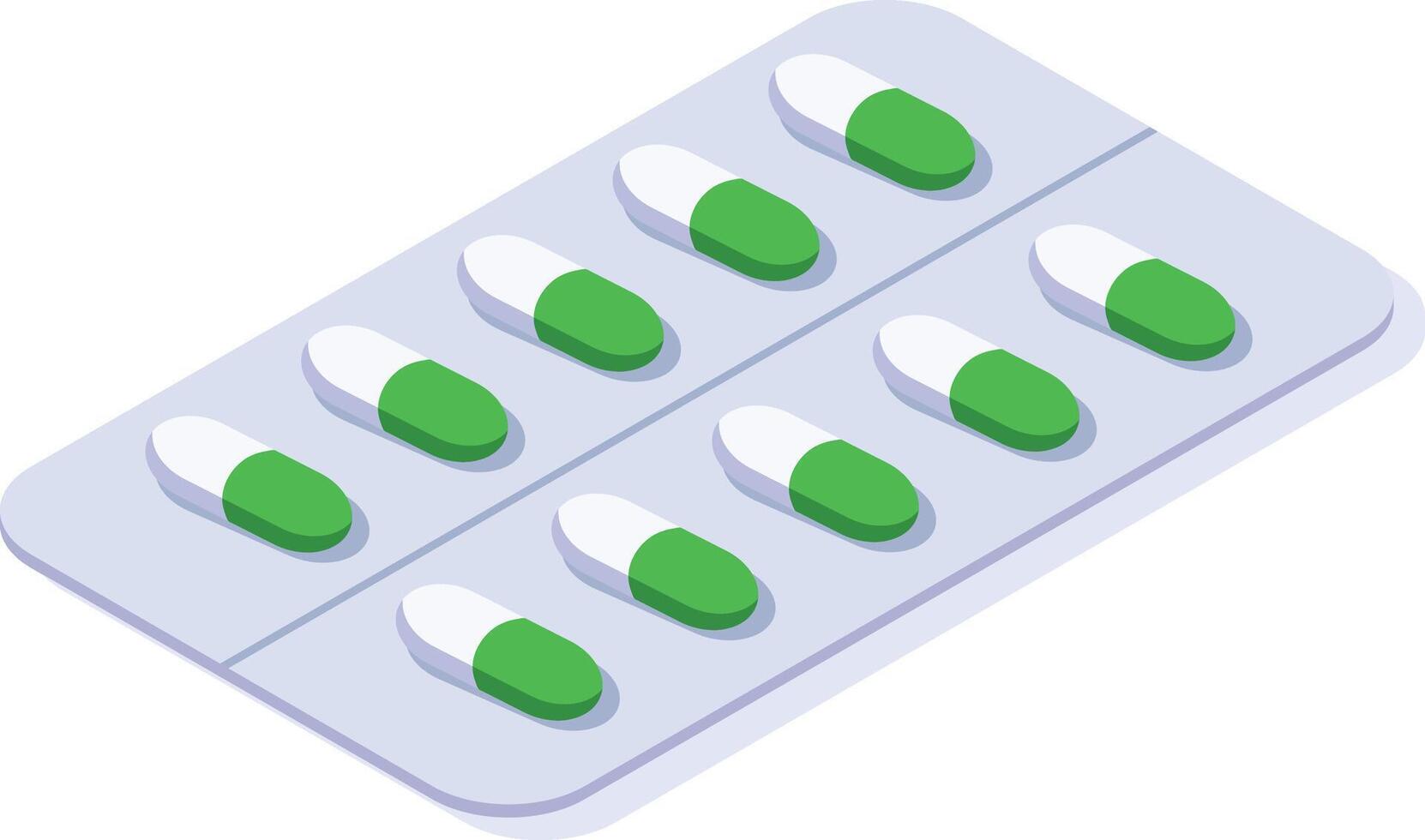 Blister pack containing ten green and white capsules arranged in two rows of five, presented in an isometric view, ideal for pharmaceutical or healthcare related projects vector