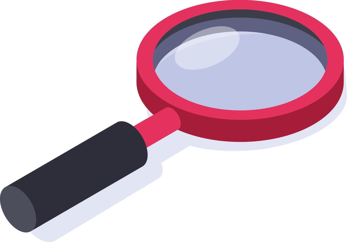 Red magnifying glass featuring a sleek black handle, enlarging an object in isometric view, embodying concepts of search and investigation for research and analysis purposes vector