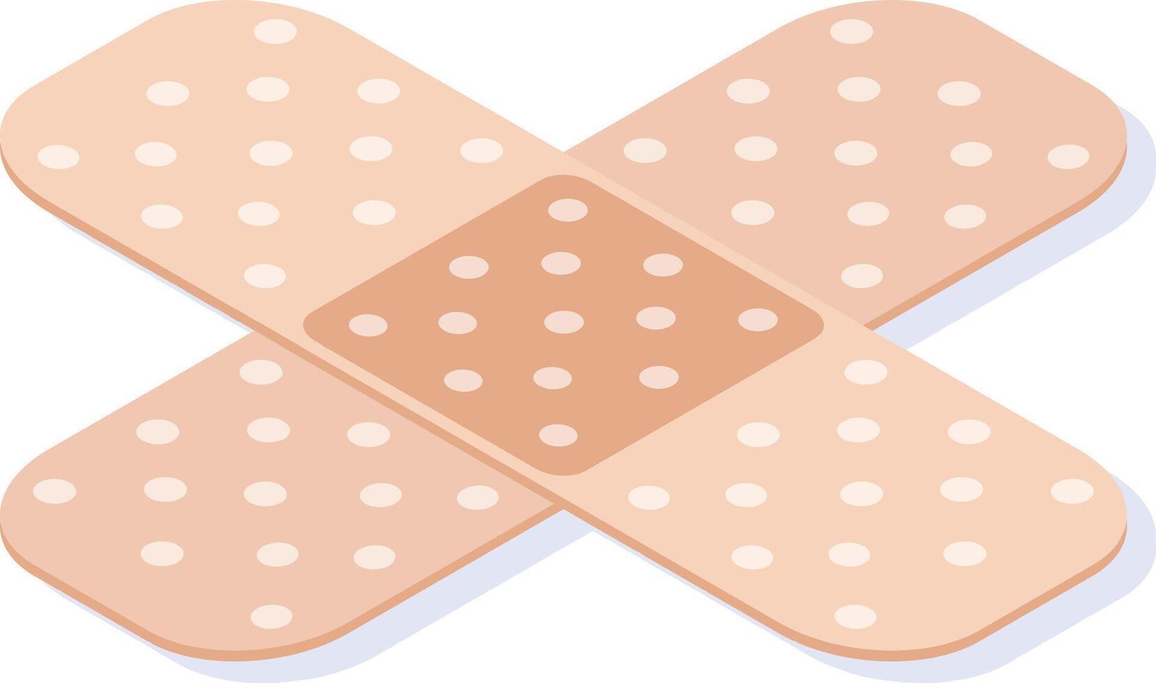 Two beige adhesive bandages with white dots are crossing each other, creating an X shape against a white background, symbolizing first aid and wound care vector