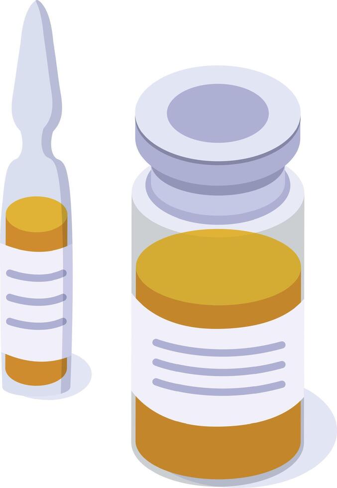 Isometric view of a glass ampoule and a small medicine bottle containing a yellow liquid, possibly representing a newly discovered vaccine or treatment for a disease vector