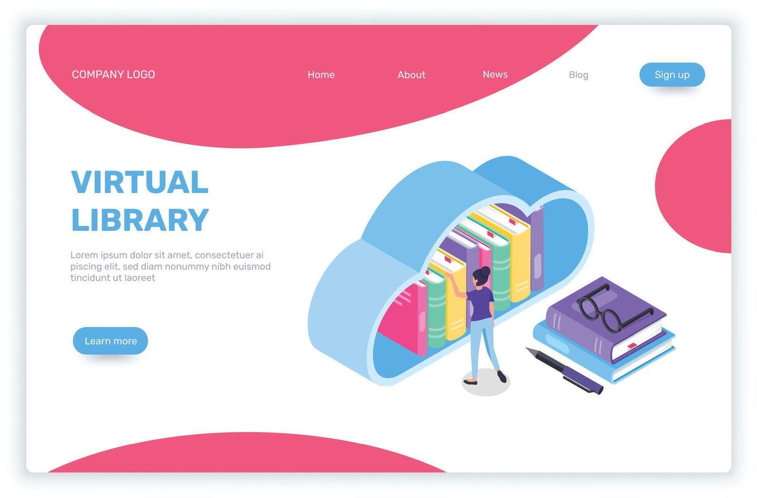 Isometric illustration representing a woman choosing a book in a virtual online library cloud computing storage, perfect for landing page website vector