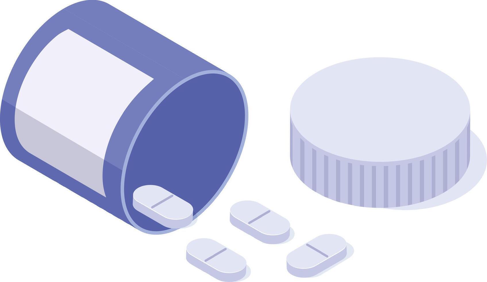Open pill bottle dropping pills on white background with its cap aside, isometric view of pharmaceutical product for healthcare and medicine vector