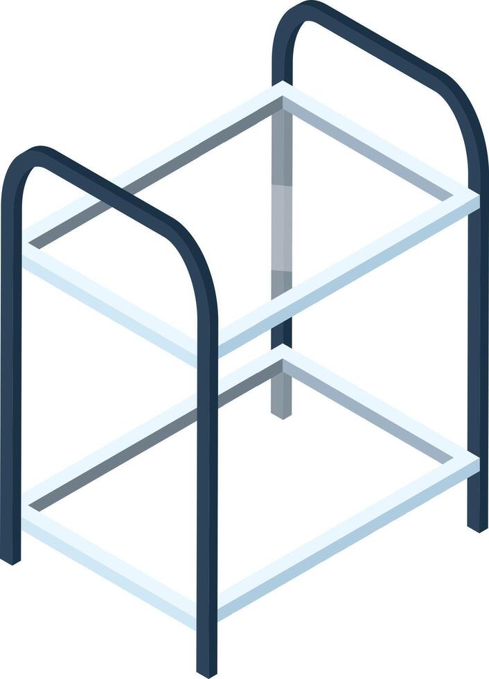 Isometric empty metal two tier shelf for storage organizing different things isolated on white background, ideal for storing various items in home, office, or warehouse settings vector