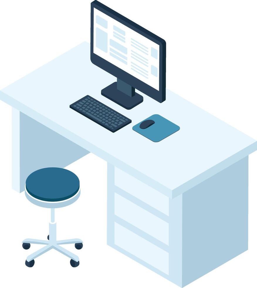 Isometric view of a workspace featuring a computer displaying data on its monitor, a keyboard, a mouse, and a rolling stool, suggesting a productive and organized office environment vector
