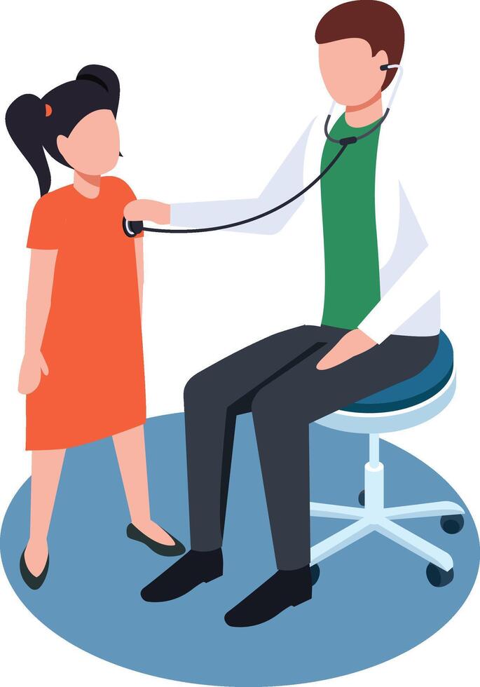 Pediatrician doctor using a stethoscope examining a little girl patient during medical consultation in hospital or clinic, healthcare and medicine isometric illustration vector