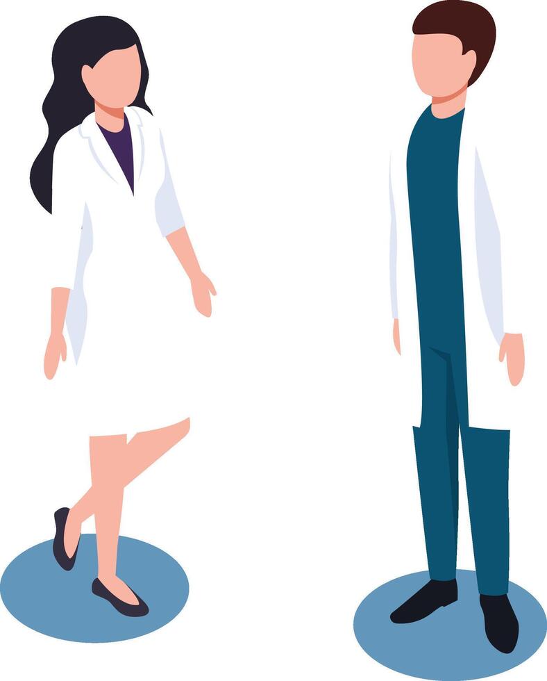 Two healthcare professionals, a female doctor and a male doctor, are depicted standing on separate blue circles, possibly representing designated areas or social distancing vector