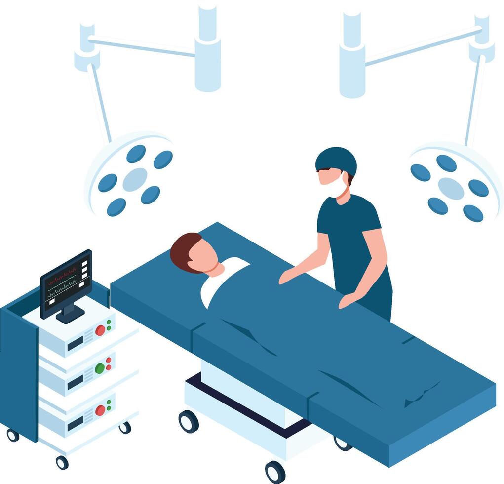 Surgeon wearing surgical mask and cap standing next to patient lying on operating table in operating room, getting ready for surgery under bright surgical lights, with medical equipment nearby vector