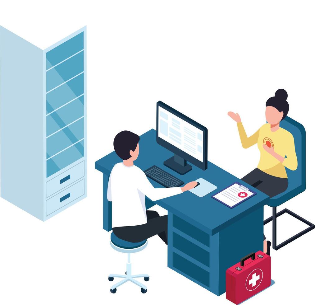 Doctor is sitting at his desk with a computer, listening to a female patient describing her chest pain, in a medical office with a first aid kit vector